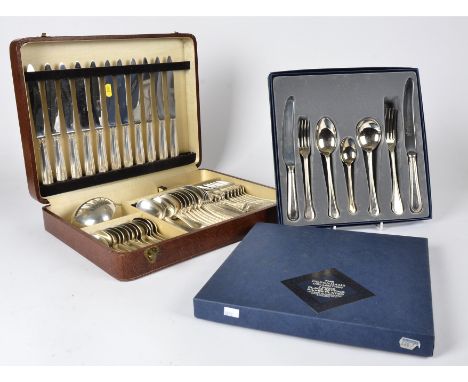 A continental silver plated Art Deco part canteen, the stainless steel bladed knives with ovoid handles and geometric deco de
