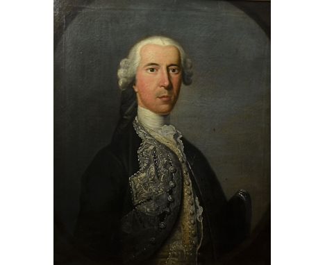 Johann Zoffany (1753-1810) oil canvas portrait of a gentleman in fine 18th Century frock coat with lace and silver applied la