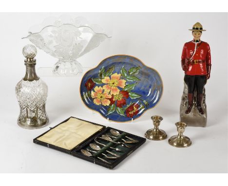 An Italian glass decanter,  with silver decoration, together with a pair of silver candlestick holders, a large glass comport