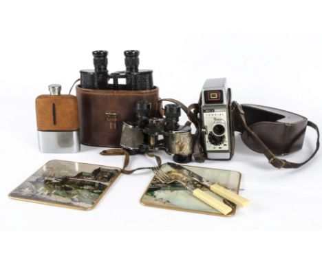 A mixed lot of collectables,  including three pairs of binoculars, two cased one not, a Bell and Howell Sundial movie camera,