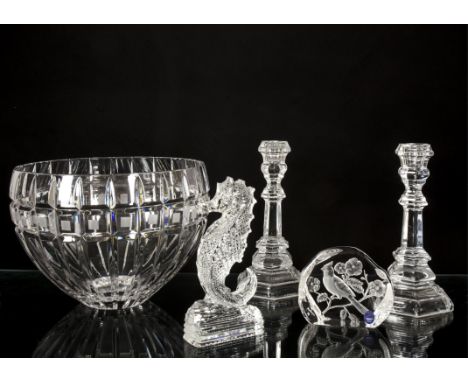 A collection of glassware to include Tiffany &amp; Co candlestick holders,  height 20cm, Stuart crystal conical bowl, diamete