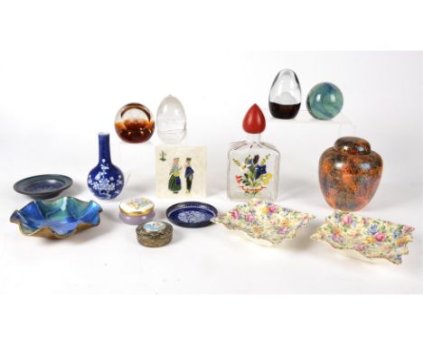 A small group of glassware and other items, to include two Caithness paperweights, an Austrian glass bottle, a Delftware type