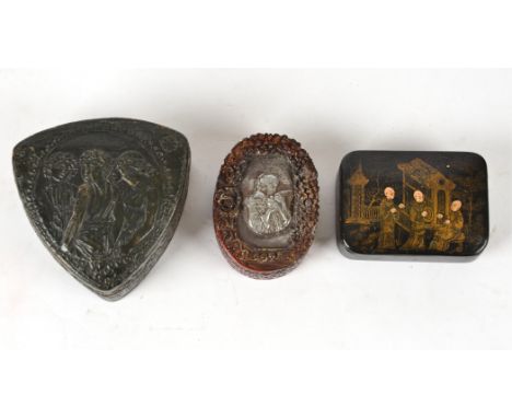 A black lacquered snuff box,  with decoration of Oriental figures, in the Chinoiserie taste, 7.5cm , 5.5cm x 2.5 cm, together