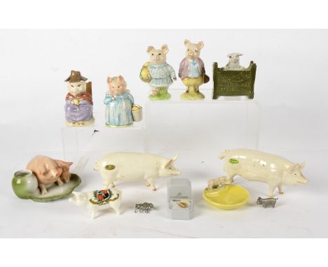 A group of predominantly ceramic pigs, including several characters from the Beatrix Potter stories produced by Beswick, toge