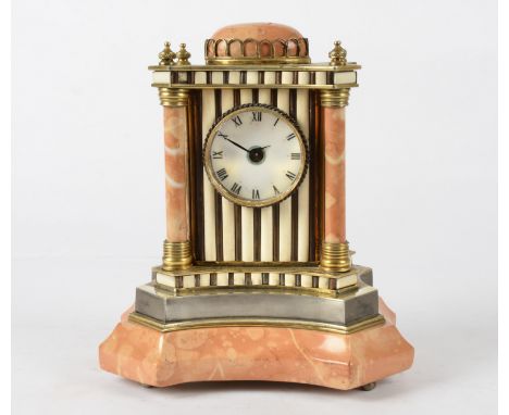A pink marble and white metal clock,  of architectural form, raised on four feet, the enamel dial with Roman numerals, height