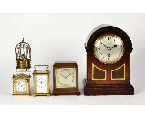 A Mappin &amp; Webb 'Elliot' timepiece, height 16cm, together with a novelty bird cage clock, a Seward of Liverpool mantle cl