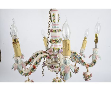 A continental ceramic electrolier chandelier,  with six floral encrusted branches, dropping to 46cm  