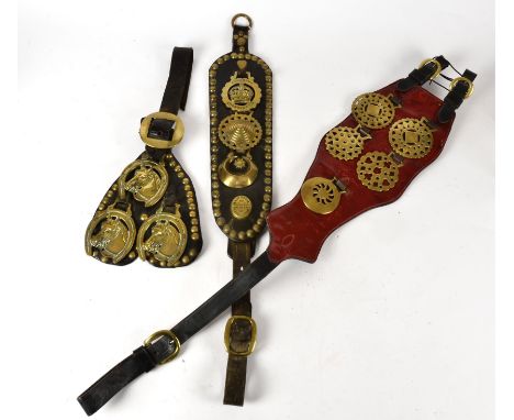 Three large martingales horse brass straps,  one celebrating the crowning of Edward VII in 1902 and marked for maker 'Jesse R
