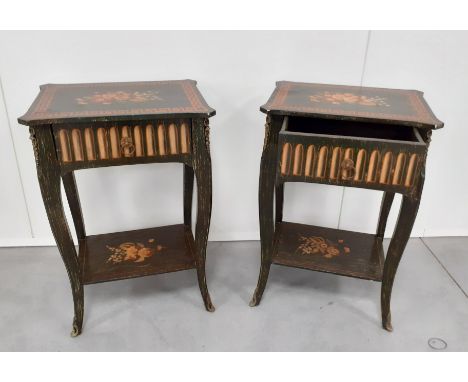 A pair of continental bedside cabinets, hand painted floral decoration, single drawer and under shelf to each, raised on Fren