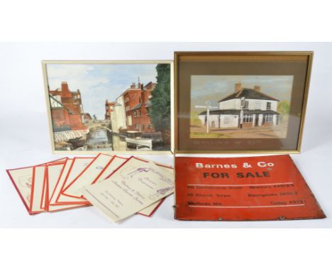 Of local interest: A selection of Newbury related collectables, including a metal Barnes and Co 'For Sale' sign, approximatel