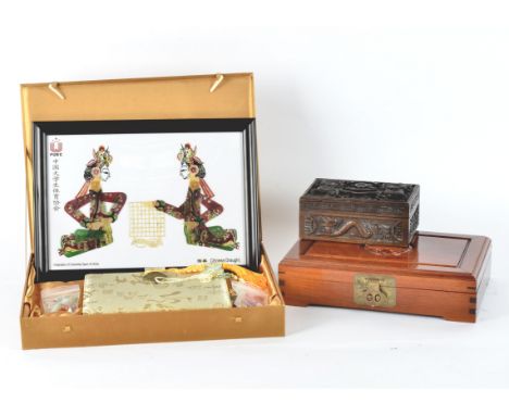 A quantity of Chinese collectables,  to include an interesting Chinese box with Royal Artillery motto carving and depictions 