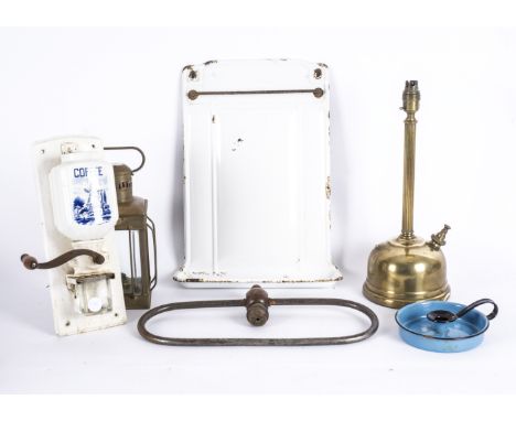 A group of metalware items,  to include a brass lamp base from the Tilley Lamp Co Hendon, a lantern and some enamel wares (8)