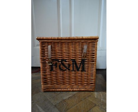 A contemporary wicker hamper basket marked F &amp; M. H.38 W.39 D.39cm 
