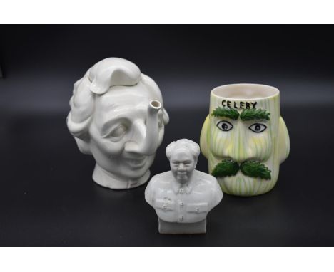 A 1980's Luck and Flaw Margaret Thatcher teapot along with a ceramic bust of Chairman Mao and a Price Kensington celery jar. 