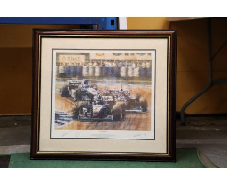 A LIMITED EDITION FRAMED LITHOGRAPH FLYING FINISH 139/500 BY JUAN CARLOS FERRIGNO WITH SIGNED MIKA HAKKINEN ,RON DENNIS & ART