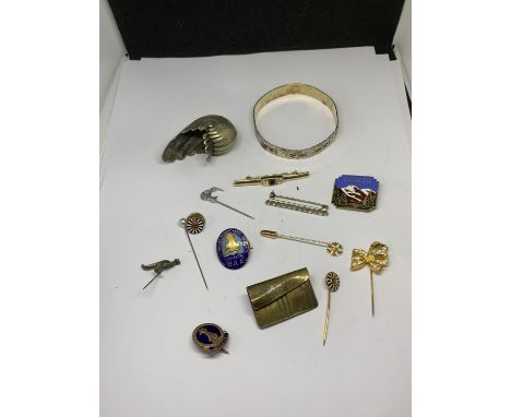 VARIOUS ITEMS TO INCLUDE A BANGLE, STICK PINS, BADGES ETC 