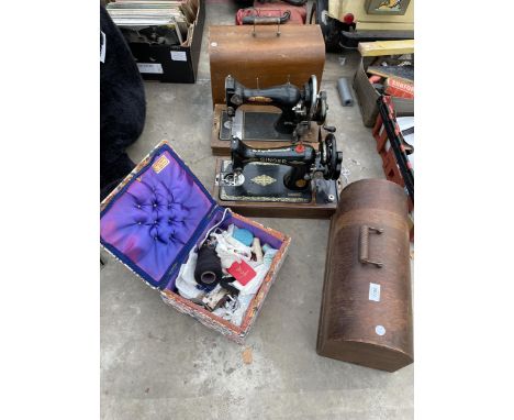 TWO VINTAGE SEWING MACHINES TO INCLUDE A SINGER AND A BSM, AND A FURTHER SEWING BOX AND CONTENTS 