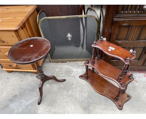 A VICTORIAN STYLE MAHOGANY WALL SHELF, TRIPOD WINE TABLE AND THREE DIVISION FIRESCREEN 