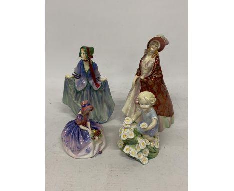 FOUR FIGURES TO INCLUDE THREE ROYAL DOULTON SWEET ANNE (A/F), MAY, THE PAISLEY SHAWL (A/F) AND A ROYAL WORCESTER MAY 
