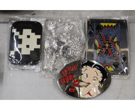 FOUR ENAMEL AND CHROME BELT BUCKLES 