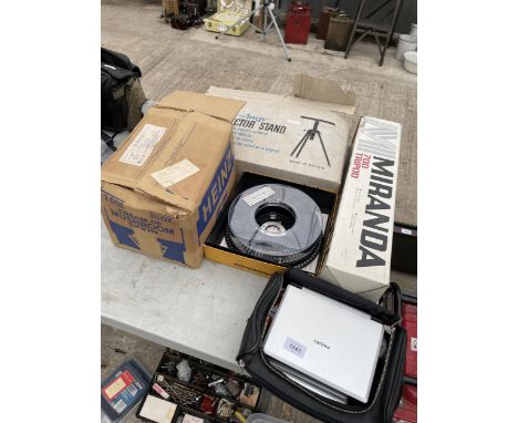 AN ASSORTMENT OF ITEMS TO INCLUDE A PHILIPS PORTABLE DVD PLAYER, A TRIPOD STAND AND A GNOME CLASSIC PROJECTOR ETC 