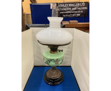 A VINTAGE OIL LAMP WITH DECORATIVE OIL RESERVOIR, WHITE GLASS SHADE (A/F) 