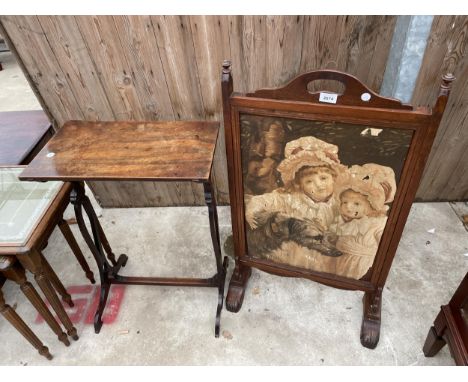 A MAHOGANY FRAMED FIRESCREEN AND A SMALL MAHOGANY TABLE 