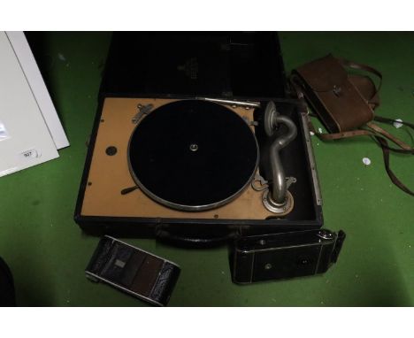 A VINTAGE DECCA SALON GRAMOPHONE PLAYER PLUS TWO VINTAGE CAMERAS IN CASES 
