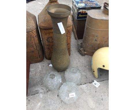 THREE RETRO GLASS LIGHT SHADES AND A BRASS VASE 