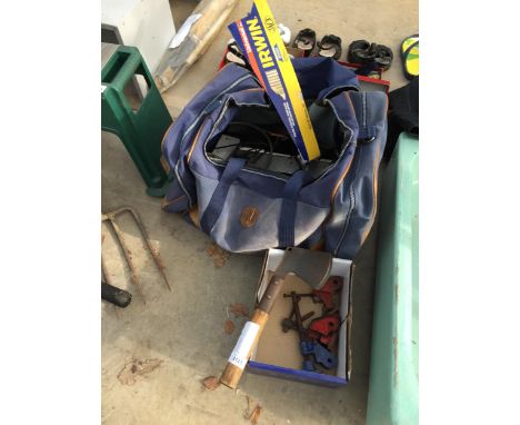 AN ASSORTMENT OF ITEMS TO INCLUDE AN ASSORTMENT OF CABLES, A MEAT CLEVER AND SASH CLAMP HEADS ETC 