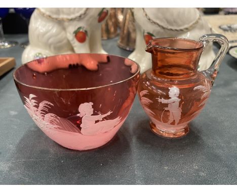 TWO PIECES OF VINTAGE MARY GREGORY HAND BLOWN CRANBERRY GLASS, TO INCLUDE A JUG, HEIGHT 9CM AND A BOWL, DIAMETER 10CM 