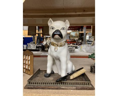 A LARGE CERAMIC DOG (A/F), A VINTAGE TRAY AND BRUSH 