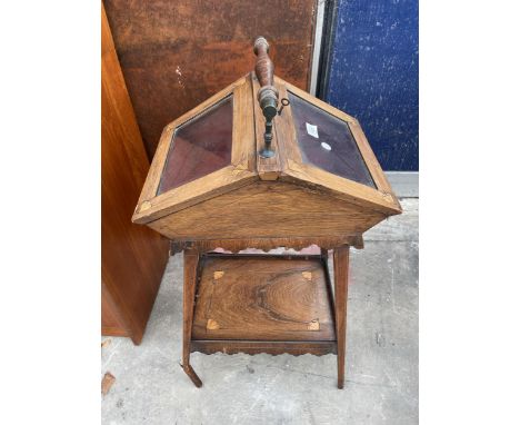 A VICTORIAN ROSE AND INLAID CANTED BIJOUTERIE CABINET WITH TWO GLASS DOORS AND UNDER SHELF 