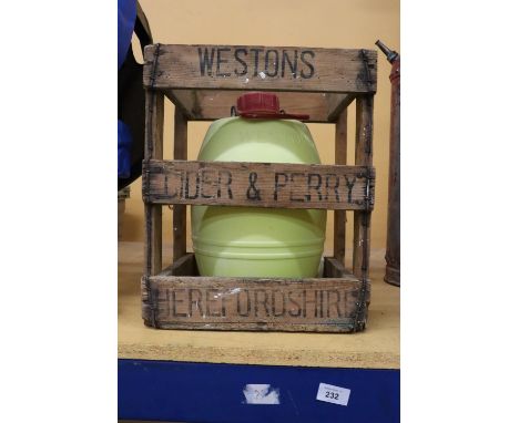 A VINTAGE WESTON'S CIDER WOODEN CASE AND WESTON'S CIDER BARREL 28 INCH HIGH 