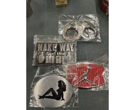 FOUR ENAMEL AND CHROME BELT BUCKLES TO INCLUDE HAND CUFFS 