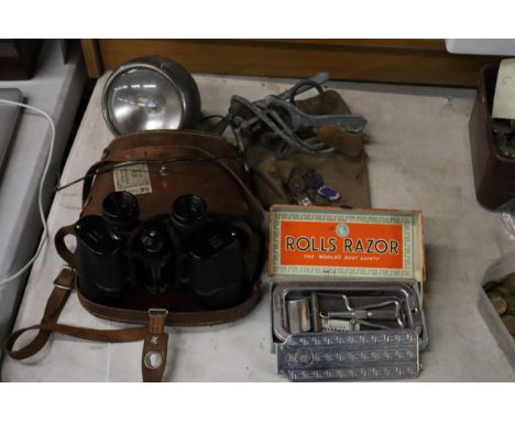 A MIXED VINTAGE LOT TO INCLUDE BADGES, TWO OF WHICH ARE SILVER, ( ROYAL NAVY AND THE SUFFOLK REGT.),  A PAIR OF TOWER 7 X 35 