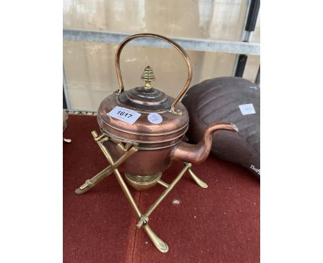 A VINTAGE COPPER SPIRIT KETTLE WITH BRASS STAND 