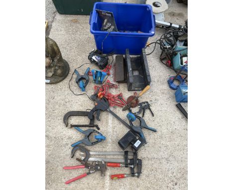 AN ASSORTMENT OF TOOLS TO INCLUDE CUTTING JIGS, CLAMPS AND A 12V COMPRESSOR ETC 