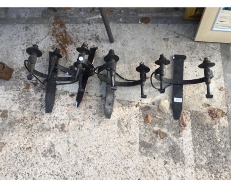FOUR VINTAGE METAL TWO BRANCH WALL LIGHT FITTINGS 