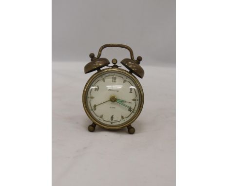 A VINTAGE GERMAN BRASS ALARM CLOCK, HEIGHT 9CM 