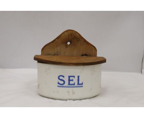 A VINTAGE FRENCH ENAMEL AND WOOD SALT BOX 