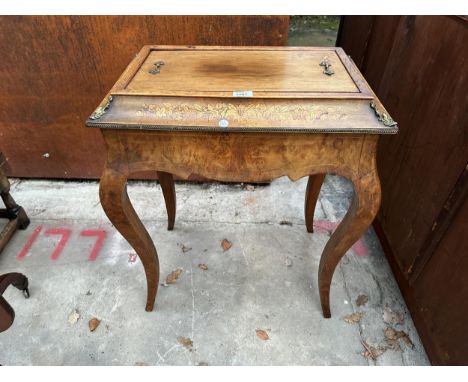A VICTORIAN WALNUT MARQUETRY PLANTER WITH APPLIED GILT METAL DECORATION AND HANDLES WITH REMOVABLE LID ENCLOSING METAL TWO HA