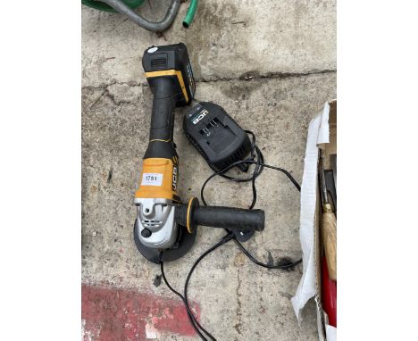 A BATTERY POWERED JCB ANGLE GRINDER WITH CHARGER 