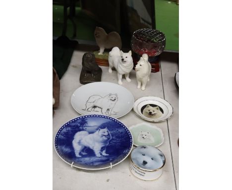 A COLLECTION OF HUSKY DOG RELATED ITEMS TO INCLUDE PLATES, FIGURES, A ROSE BOWL AND TRINKET BOX 