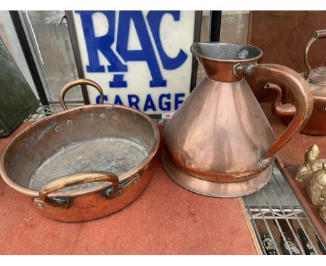 A VINTAGE HEAVY THICK COPPER GALLON JUG AND HEAVY WASH BOWL 