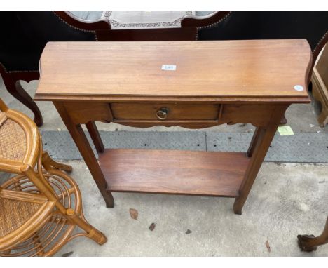 A 19TH CENTURY STYLE HARDWOOD TWO TIER CONSOLE TABLE WITH SINGLE DRAWER 32" WIDE 