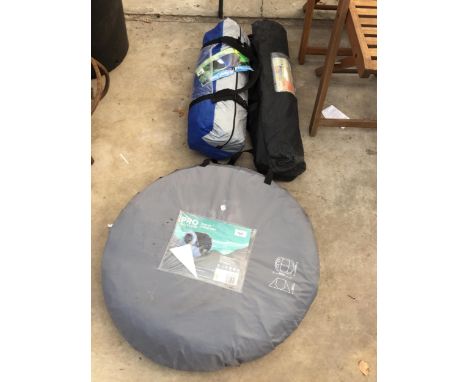 AN ASSORTMENT OF CAMPING ITEMS TO INCLUDE A POP TABLE AND A PRO ACTION TWO MAN POP UP TENT ETC 