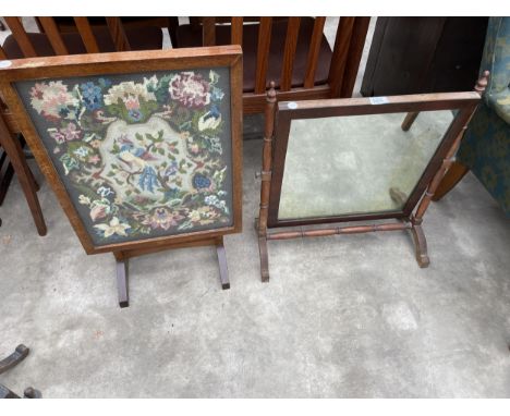 A VICTORIAN SWING FRAME DRESSING TABLE MIRROR AND A TABLE/FIRESCREEN WITH WOOLWORK PANEL 