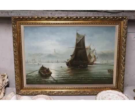 A LARGE OIL ON BOARD OF A MARITIME SCENE, IN A GILT FRAME, SIGNED R VOLKOV, 90CM X 65CM 
