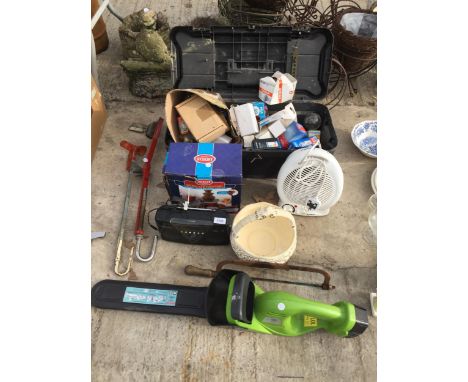 AN ASSORTMENT OF TOOLS AND HARDWARE TO INCLUDE A BATTERY HEDGE TRIMMER AND LIGHT BULBS ETC 